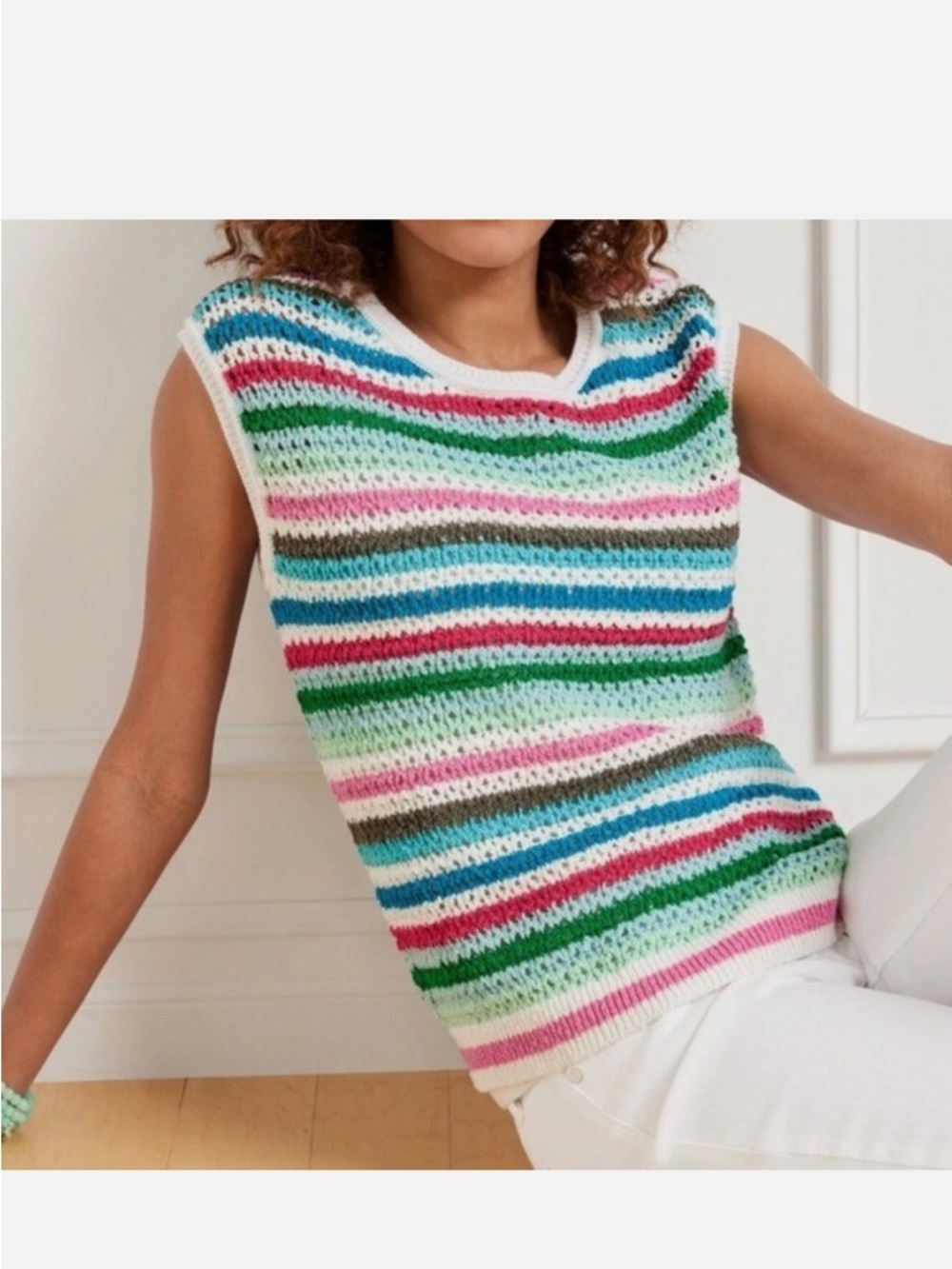 Talbots Multi Color Striped Crochet Knit Tank Sz S Women's Orange Green Tops